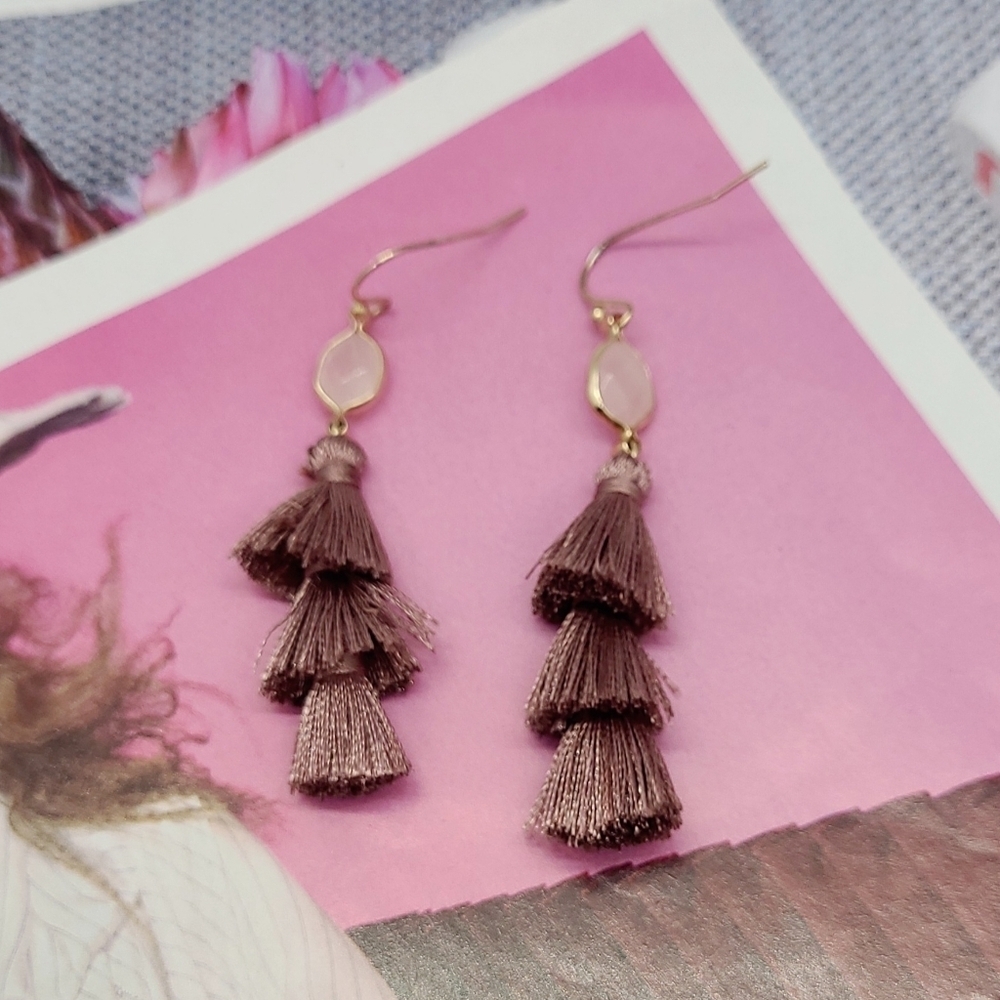 NWT Boho Pink Silk Tassel Tiered Drop Earrings